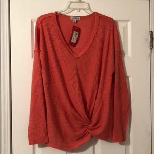 Waffle knit V-neck long sleeve top
